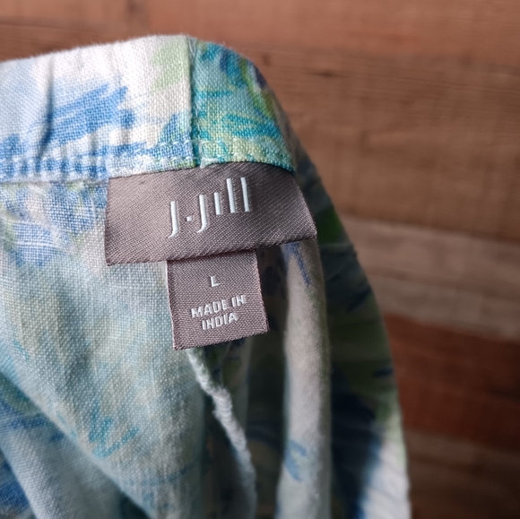 J.Jill 100% Linen Pull On Blue Green White Floral Crop Pants Size Large - Picture 5 of 6